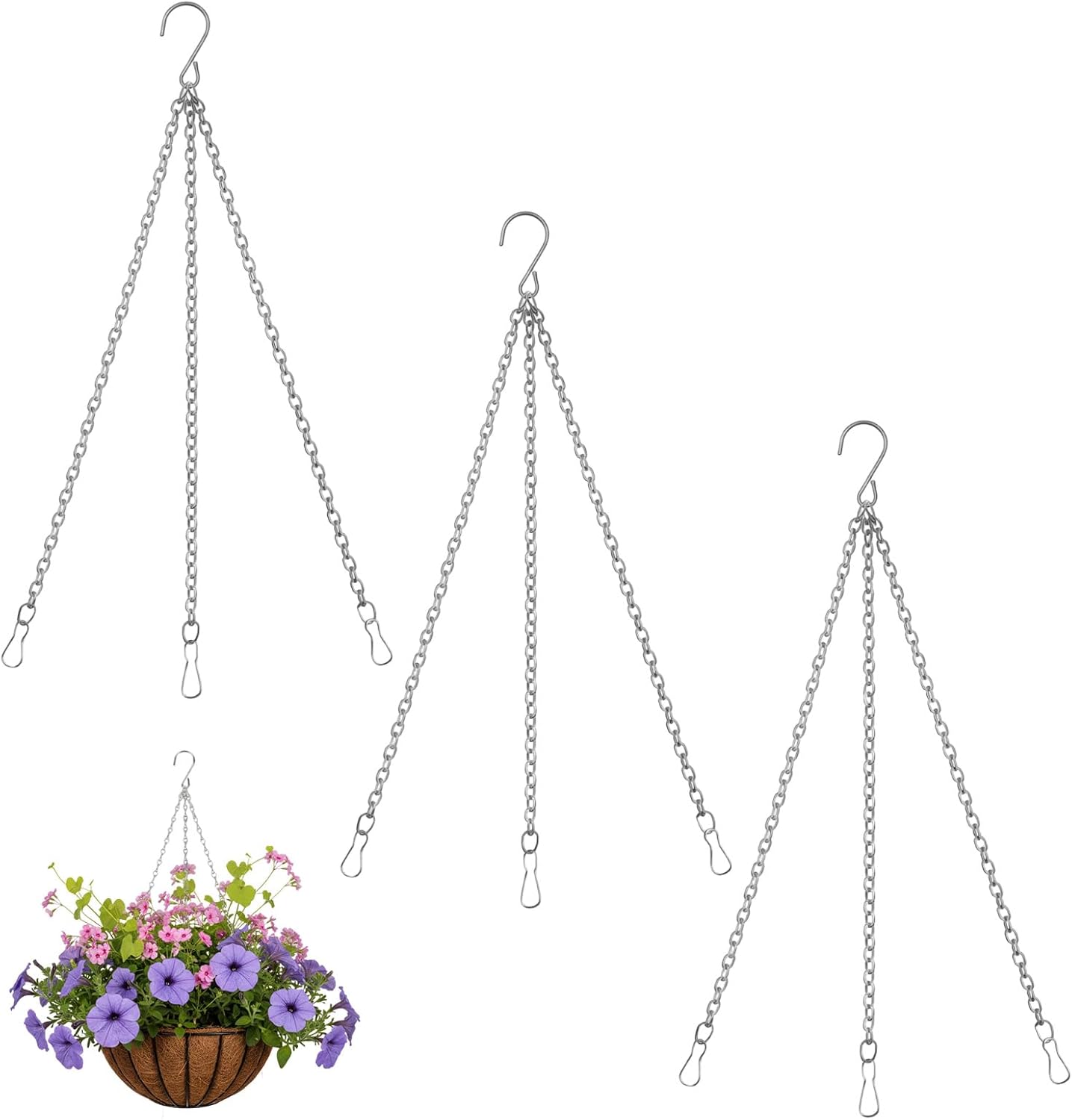 3Pcs 16 Inch Hanging Basket Chain with Hooks, Sliver Metal Flower Plan