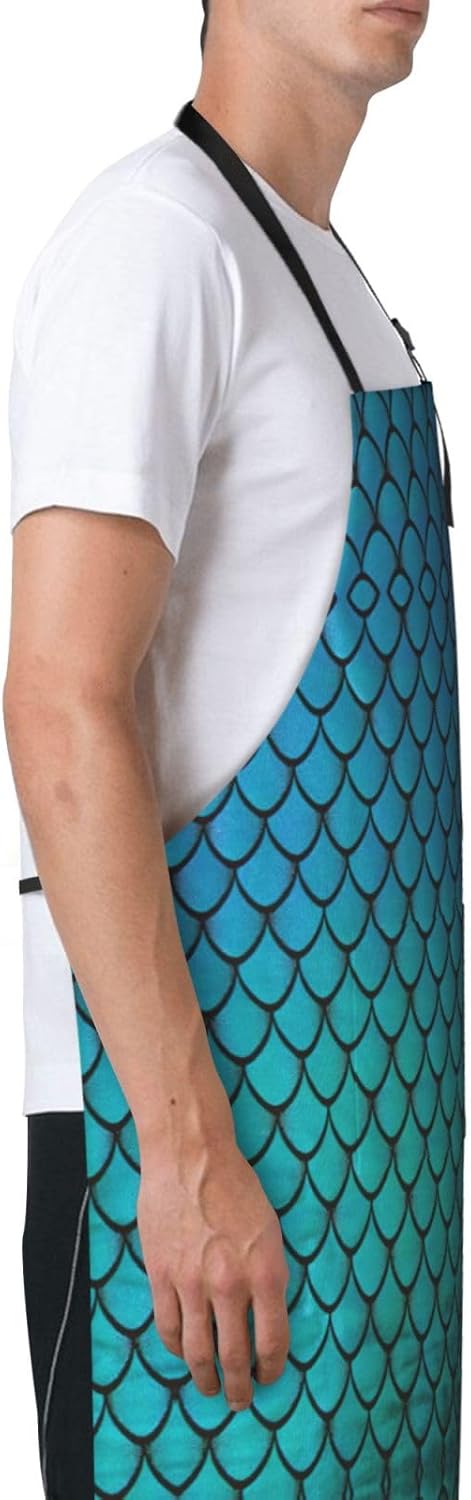 blue fish scale print Waterproof apron with pocket adjustable cooking 