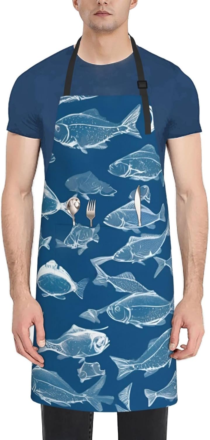 YANYU Ocean Fishes Print 28x33 In Kitchen Apron Stylish Chef Apron with Pockets for Cooking Baking Painting