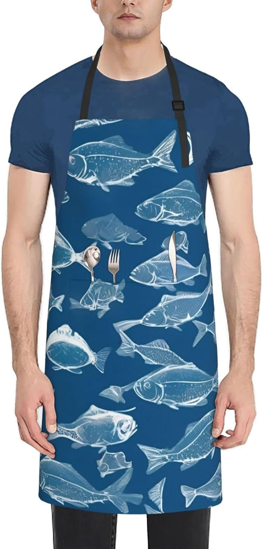 YANYU Ocean Fishes Print 28x33 In Kitchen Apron Stylish Chef Apron with Pockets for Cooking Baking Painting