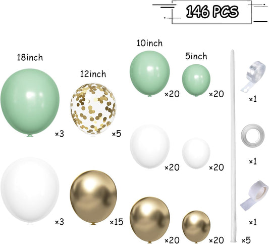 Sage Green White Gold Balloon Garland Arch Kit, 146Pcs Latex Balloons 