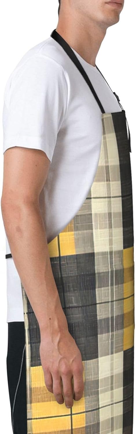 Yellow Gray Black Plaid print Waterproof chef's apron with pocket apron for kitchen cooking baking barbecue and gardening