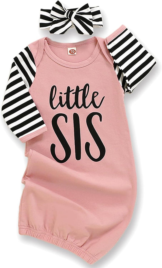 AMAWMW Newborn Baby Girl Little Sister Sleeper Gown Stripe Long Sleeve