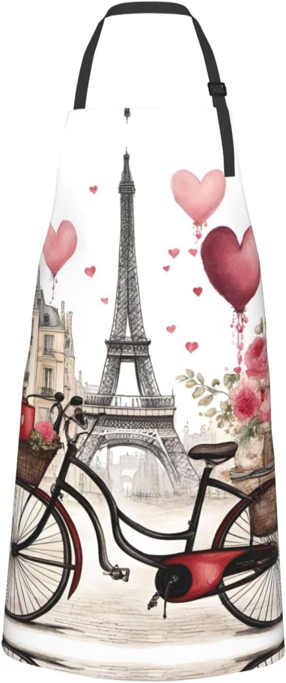 Love Paris Tower Coffee Wine Perfume Bicycle Heart print Waterproof chef's apron with pocket apron for kitchen cooking baking barbecue and gardening