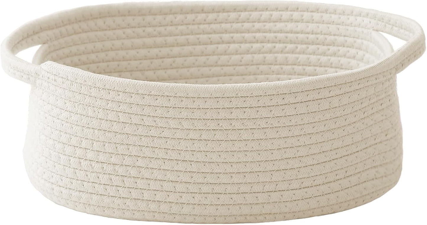Woven Basket,Small Rope Storage Bin with Handles & Ribbon Bag, Organizer for Shelves Closets,Gift Basket Empty for Birthday,Books,Dog Toys,White