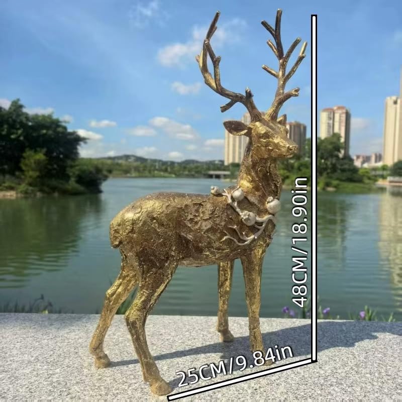 Elegant Golden Deer Sculpture with Large Antlers, Modern Resin Animal Statue with Metallic Finish for Outdoor Garden, Lawn, Patio, Living Room Decor, Striking Christmas & New Year Festival Gift