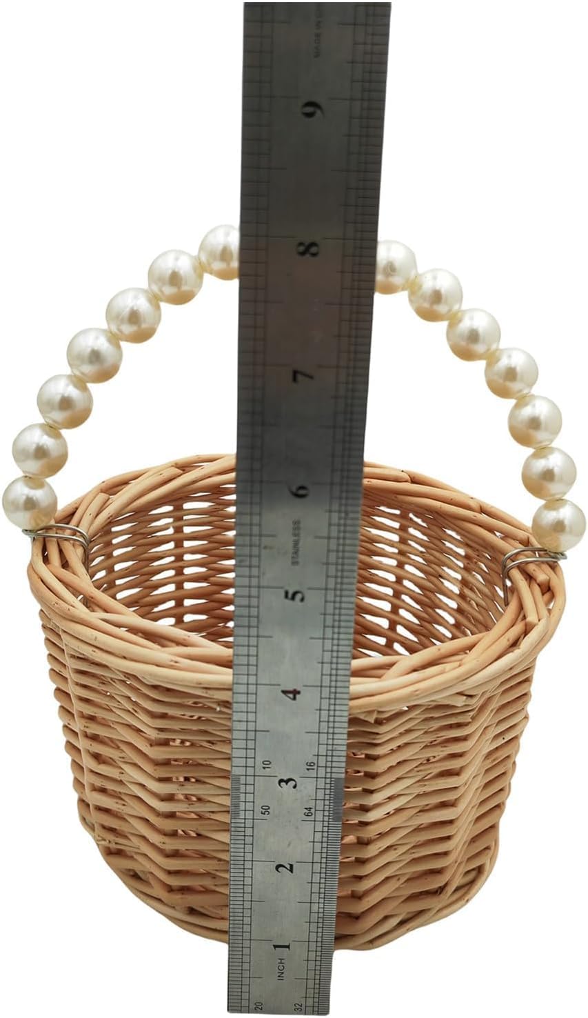 Rustic Wicker Rattan Wedding Flower Girl Baskets,Woven Rattan Storage Basket with Pearl Handles,Woven Eggs Candy Basket for Wedding Home Garden Decor (H1)