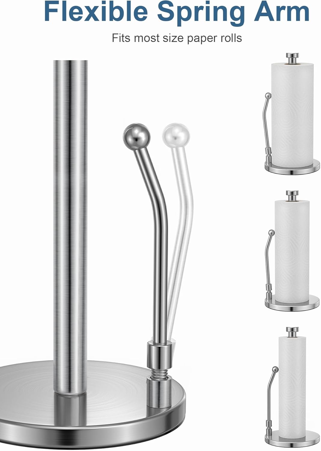 SMARTAKE Paper Towel Holder, Paper Towel Dispenser Standing Weighted Base Non Slip, Spring Arm for Easy Tear, Stainless Steel Paper Towel Holder for Home Kitchen Countertop Tabletop, Silver