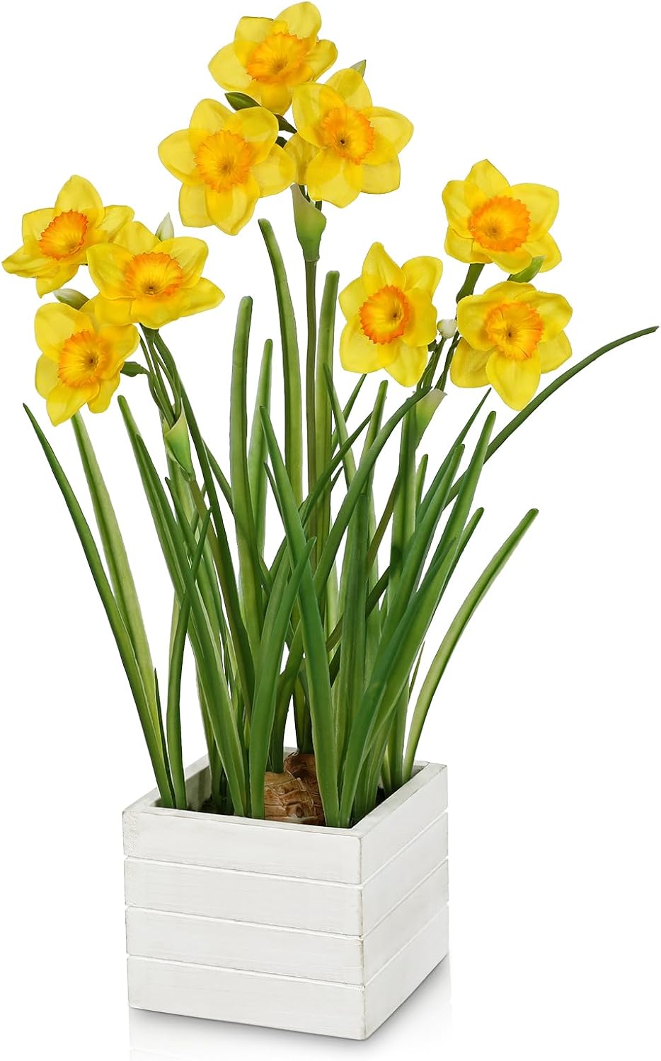 Yellow Daffodils Artificial Flowers In Wood Planter Pot, 15.7" Fake Potted Daffodils Plants Spring Floral Arrangements, Silk Daffodil Faux Spring Flowers for Living Room, Entryway, Bathroom Decor