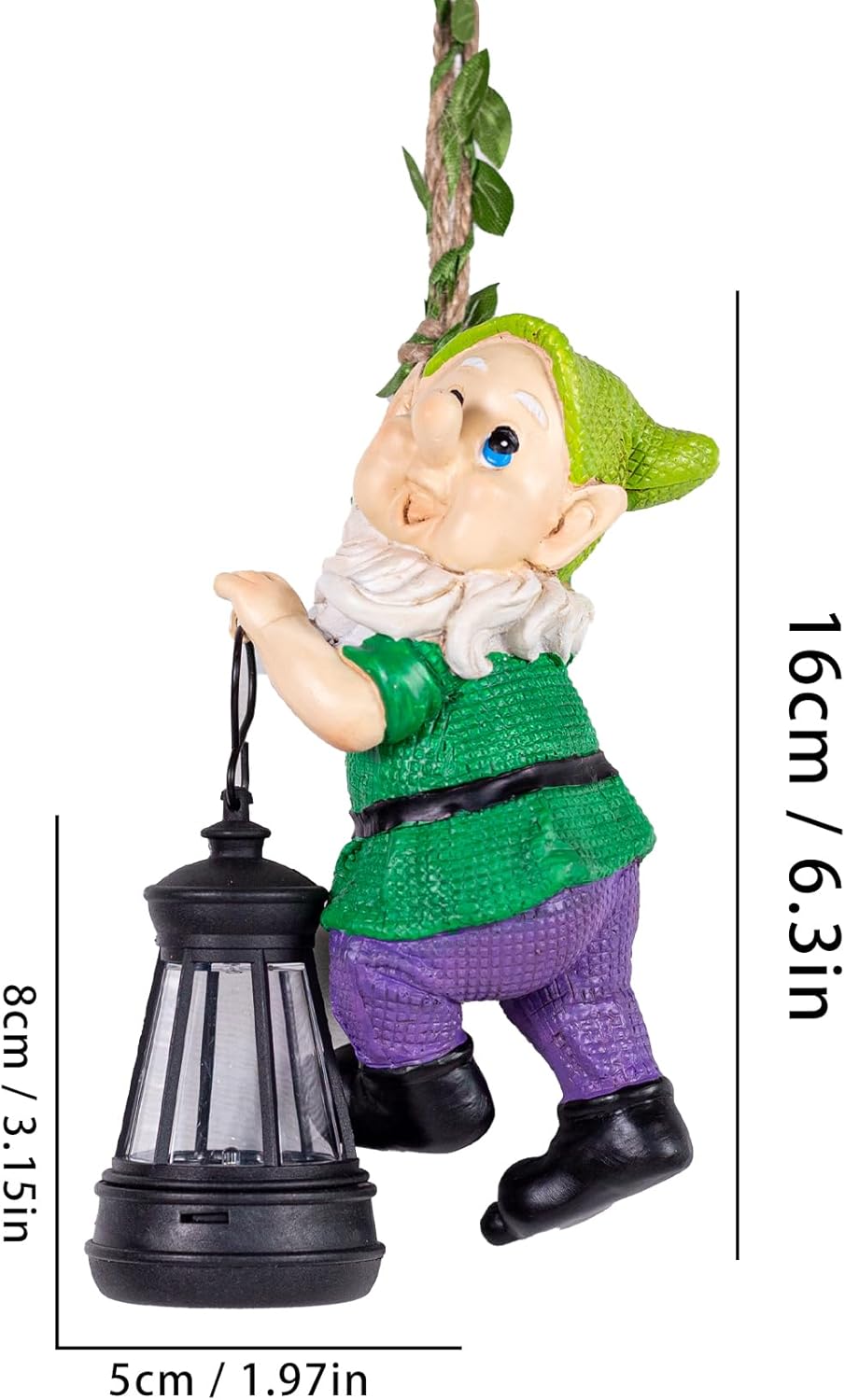 Garden Gnome Solar Lantern Decoration, Green and Purple, Weather-Resistant Resin, Hanging Style, Solar Powered, Whimsical Garden Decor, 6.3 Inch Height