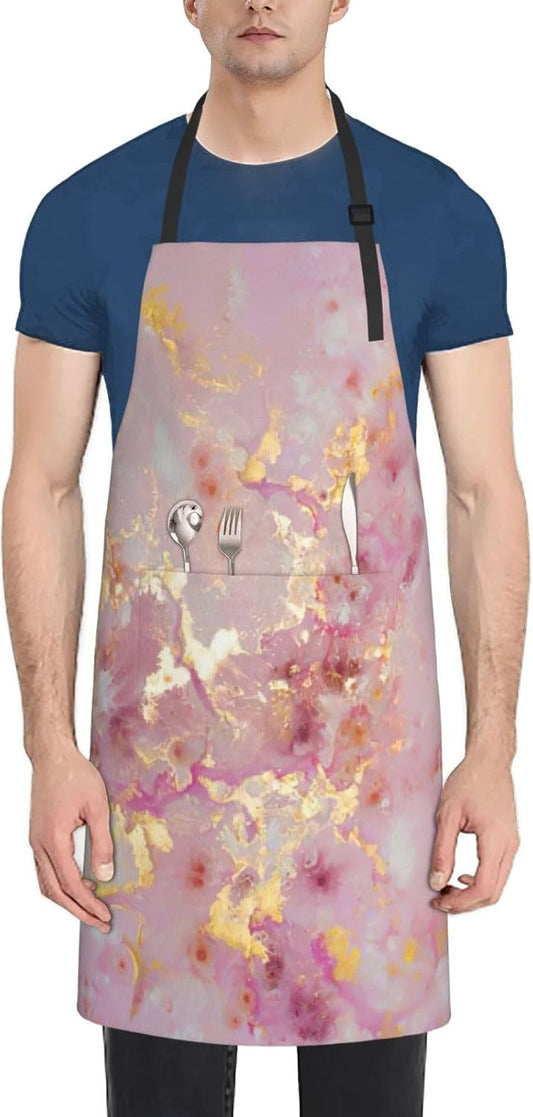 Pink Marble Texture Print Laundry apron 28x33 In Waterproof Kitchen Apron with Pockets for Cooking Baking