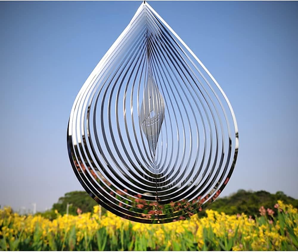Wind Spinner 3D Water Droplets Shape Highly Reflective Stainless Steel Metal Outdoor Garden Decor, Decorations to Scare Away Yard Birds 12 inch, Gifts for Women Mom Dad