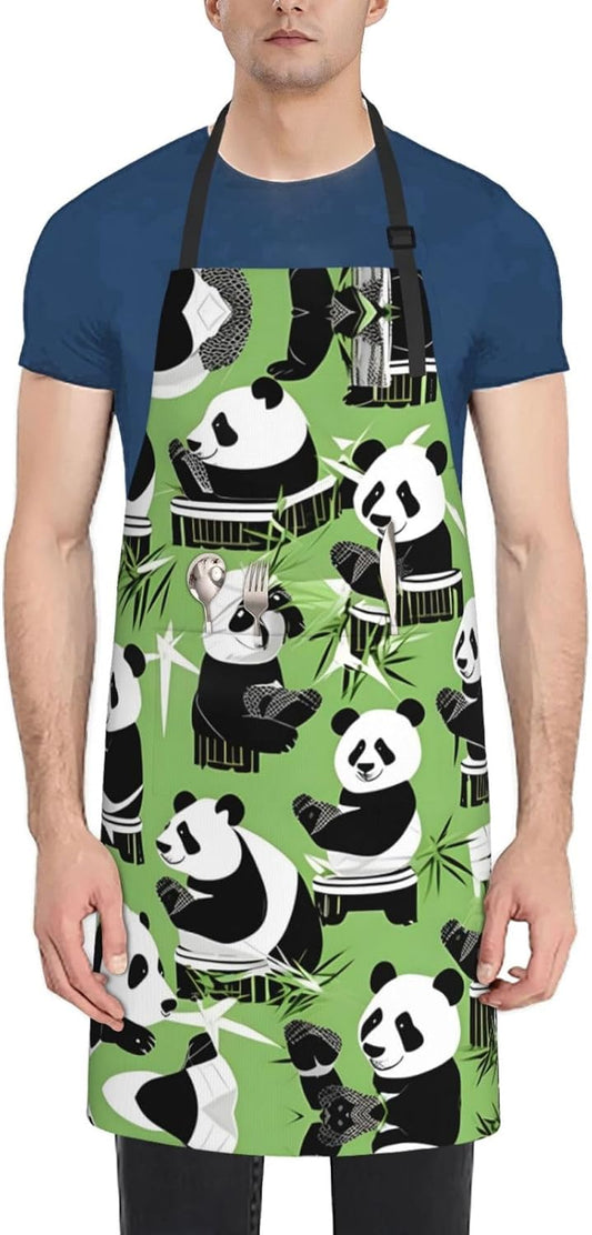 Panda bamboo print Waterproof chef's apron with pocket apron for kitchen cooking baking barbecue and gardening