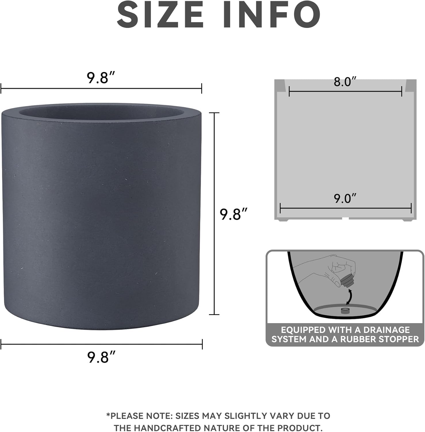 Kante 9.8" Dia Round Concrete Planter, Modern Style Large Cylindrical 