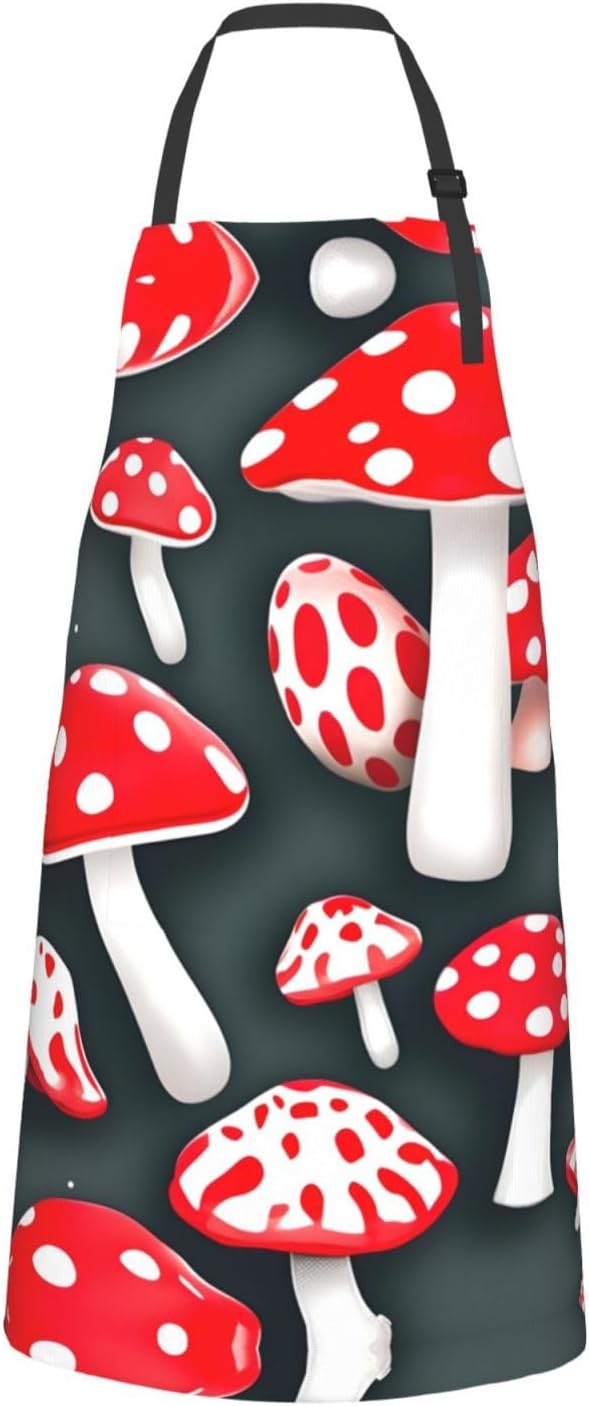 Red White Mushroom Print Laundry apron 28x33 In Waterproof Kitchen Apr