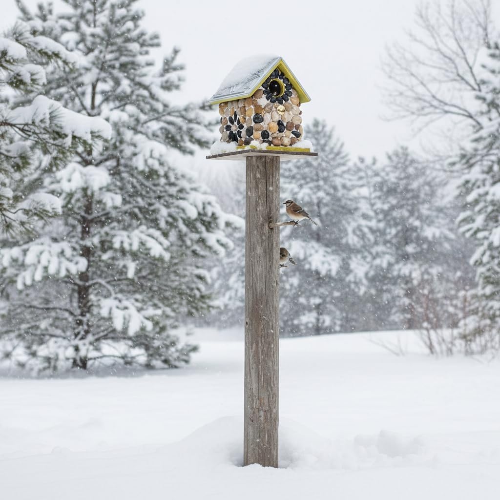 Premium River Pebble Bluebird House – Cedar Wood Outdoor Birdhouse with Embedded Metal Roof, Weather-Resistant Garden Nest Box for Wild Birds, Hanging & Pole Mountable (Yellow)
