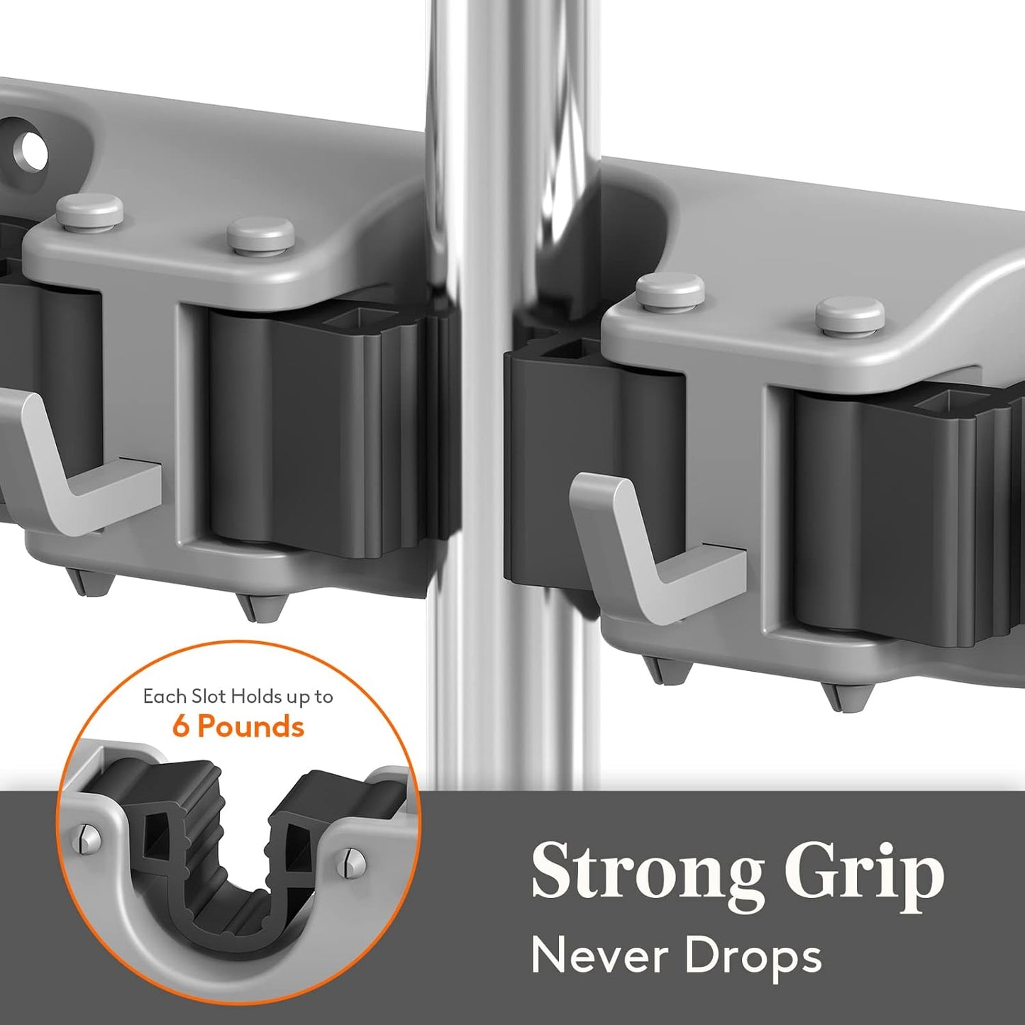 Lifewit Mop and Broom Holder Wall Mount, Anti-Slip Broom Hanger for Cleaning Supplies Organizer, Easy Install Tool Hanging Rack for Closet, Kitchen, Garage, 5 Slot 6 Hooks, Hold 30lbs, Gray, 2 Pack