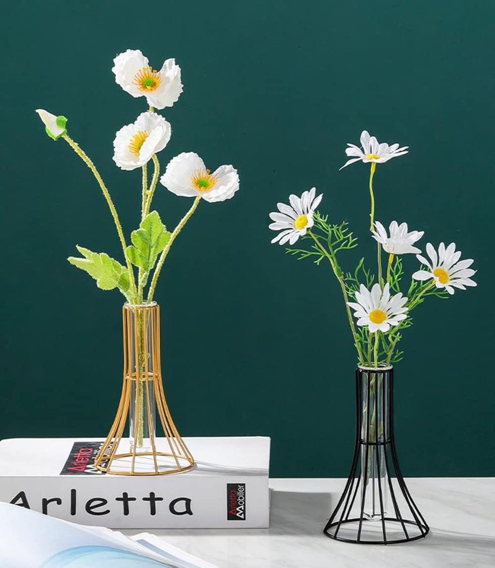 Nordic Simple Glass Clear Vase with Iron Art Frame for Hydroponic Planter, Metal Flower Vase Test Tube Pot Decorative Bottles Centerpieces for Wedding Home Décor (Gold,Gourd)