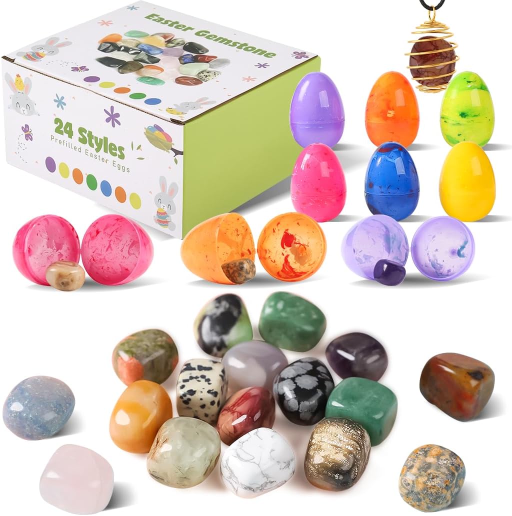 Filled Easter Eggs Fillers Stuffers Set, 24 Pack Prefilled Easter Eggs & Gemstones - Perfect for Kids & Teens Easter Egg Hunt, Party Favors, Classroom Prize Supplies