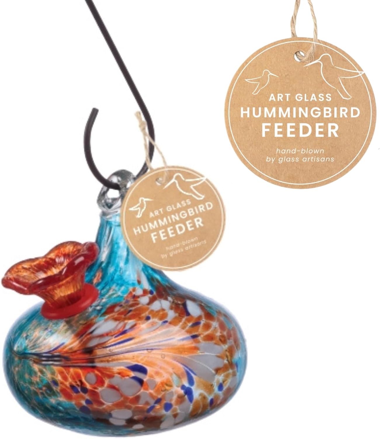 Red Carpet Studios Hummingbird Feeder Hand-Blown Art Glass, Hanging Birdfeeder with Red Flower Feeding Port, 5.5" Teardrop Blue