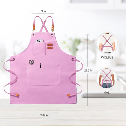 Chef Apron for Men Women Canvas Aprons with 3 Pockets Cross Back Resis