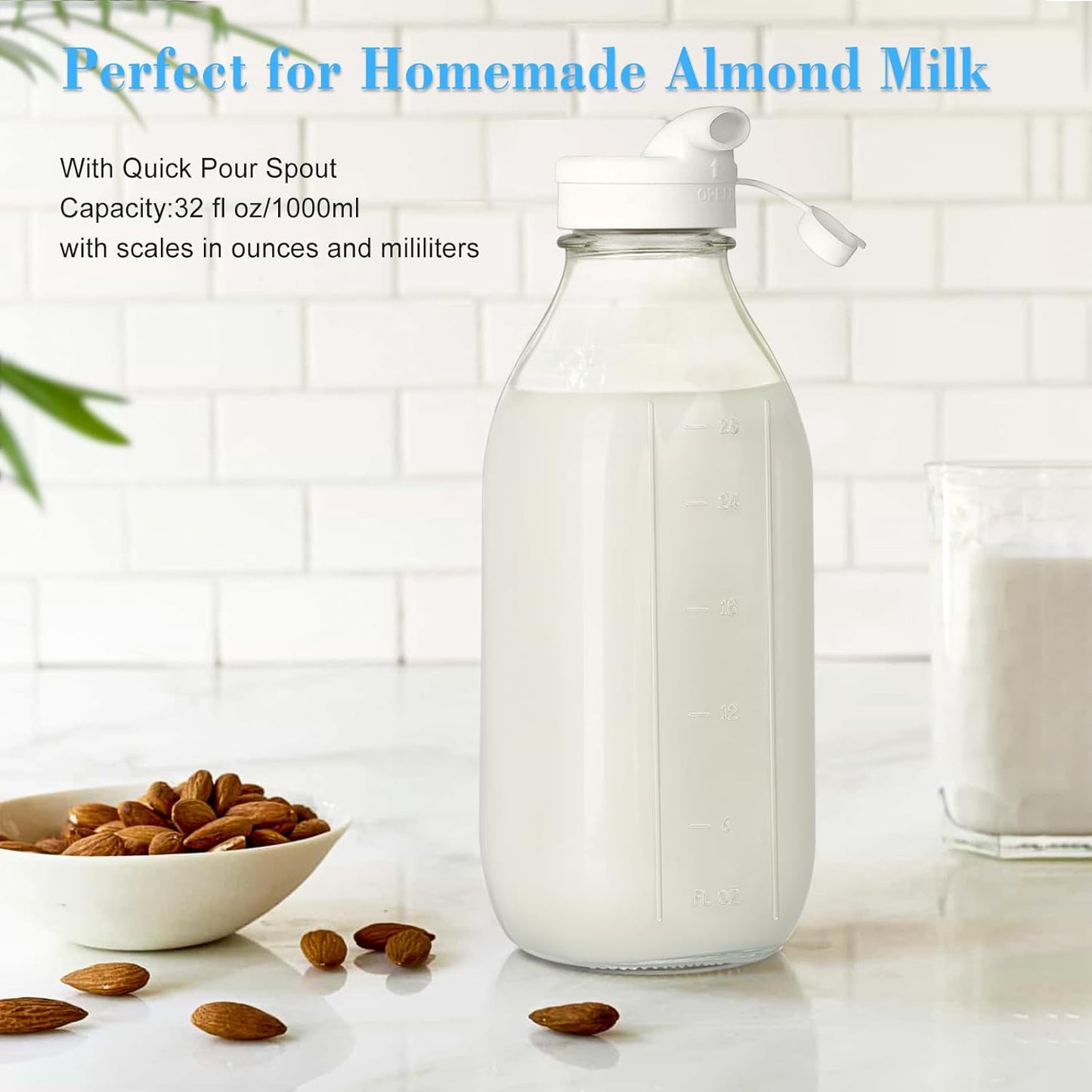 2 Pack Glass Milk Bottle with 2 Dispenser Caps, 100% Airtight Heavy Du