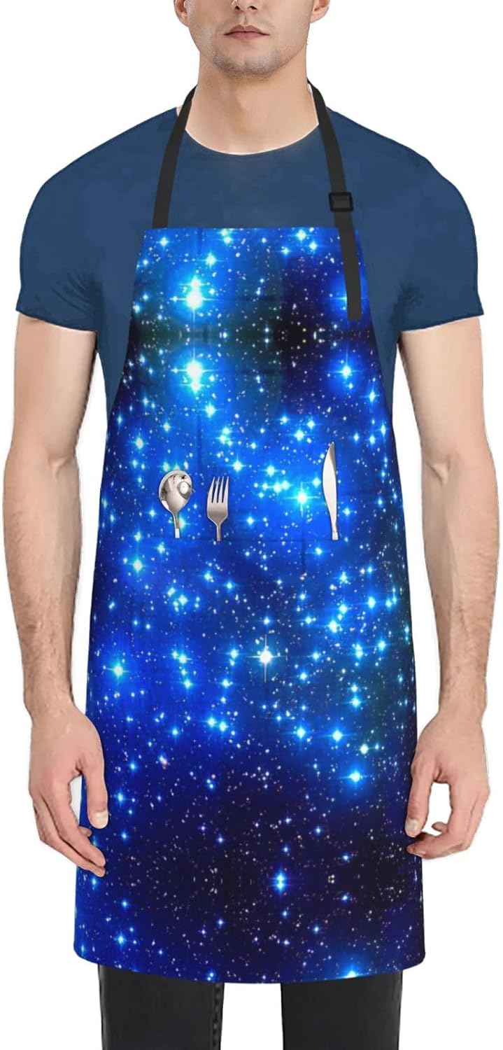 Blue Shining Stars Print 28x33 In Adult Kitchen Apron with Pockets Versatile Chef Smock for Cooking Baking