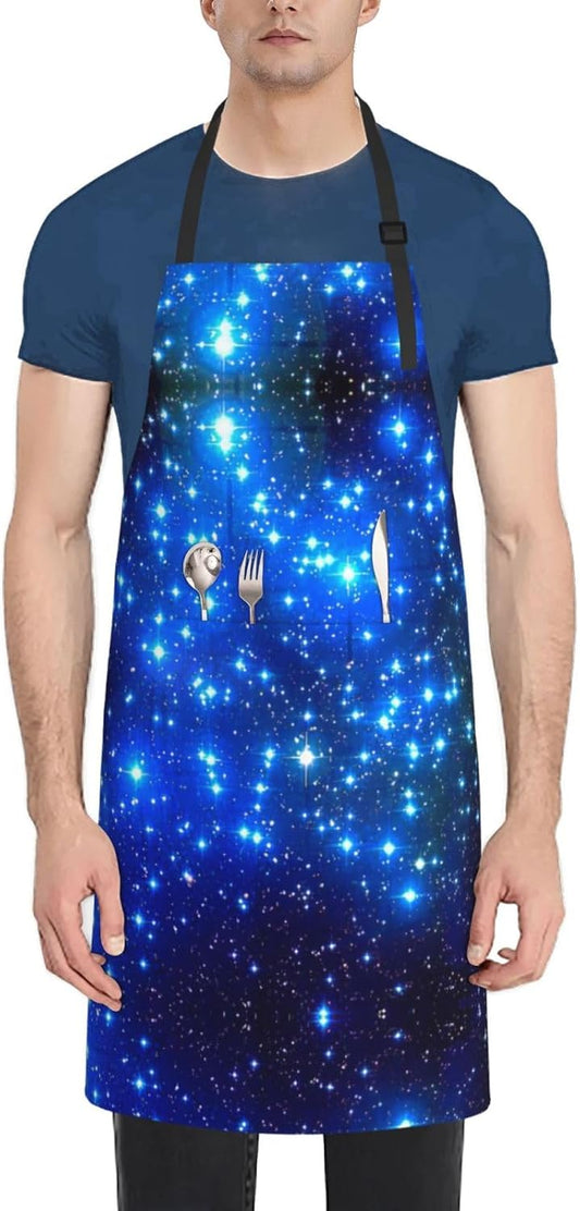 Blue Shining Stars Print 28x33 In Adult Kitchen Apron with Pockets Versatile Chef Smock for Cooking Baking