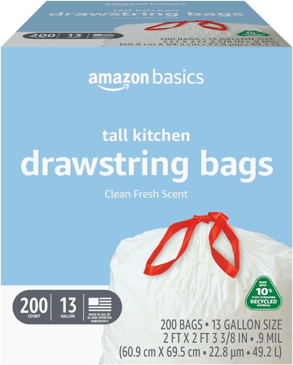 Amazon Basics 13 Gallon Tall Kitchen Drawstring Trash Bags, Clean Fresh Scent, 10% Post Consumer Recycled, 0.9 mil Thick, 200 Count