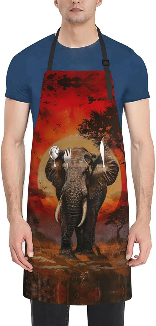 Elephant Sunset print Waterproof chef's apron with pocket apron for kitchen cooking baking barbecue and gardening