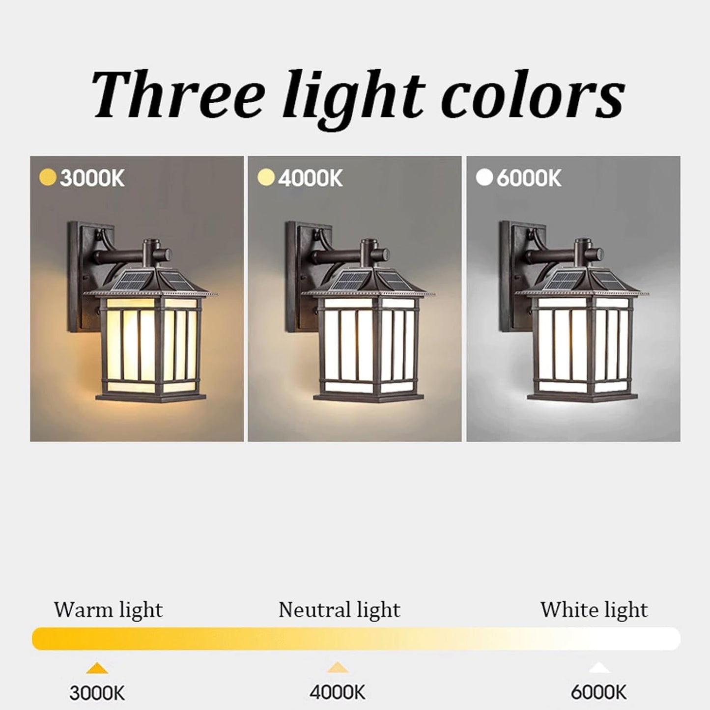 Solar Exterior Wall Lantern, IP65 Waterproof Die-cast Aluminum Sconce Light, Traditional Wall Mounted Fixture with Tempered Glass, 3-Color Mode LED Lamp for Porch Patio Garden Courtyard Path