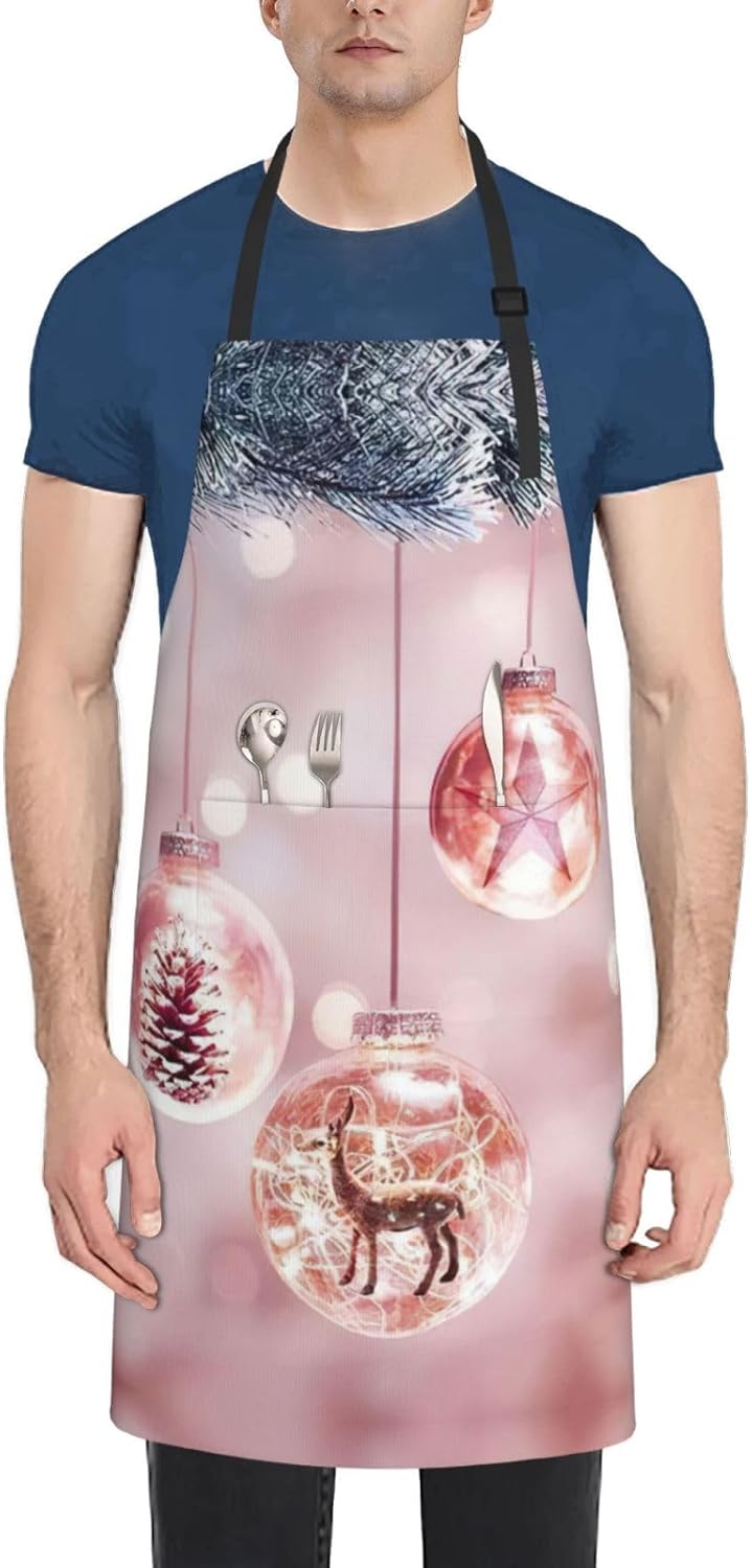 Pink Christmas Ball Print 28x33 In Adult Kitchen Apron with Pockets Versatile Chef Smock for Cooking Baking