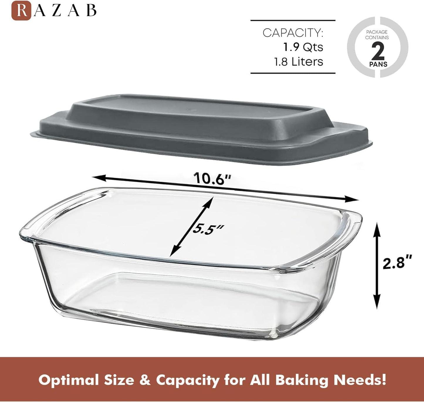 Razab 대형 7.6컵/1800ML/1.9쿼트 유리 로프 팬 뚜껑 포함 (2개 세트) - 미트로프 팬 BPA 프리 밀폐 뚜껑 그립 핸들 쉬운 휴대, 전자레인지 및 오븐 사용 가능 - 빵, 케이크 베이킹용 로프 팬