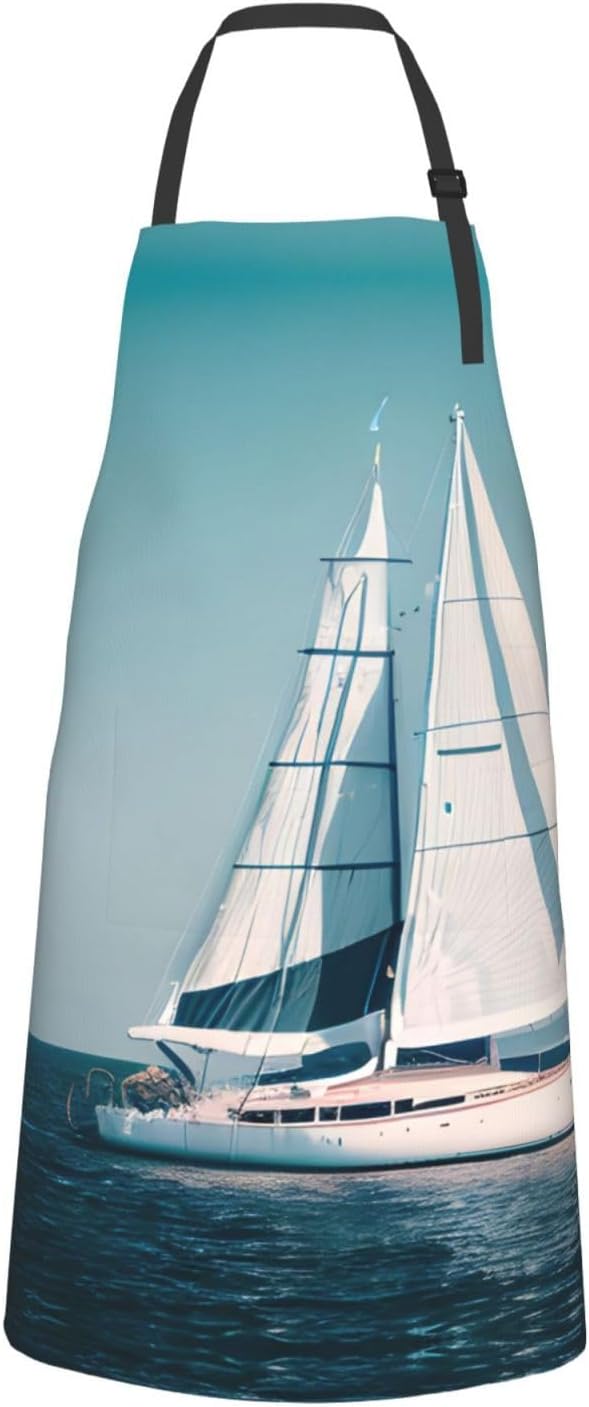 Sailboat Ship Landscape print Waterproof chef's apron with pocket apron for kitchen cooking baking barbecue and gardening