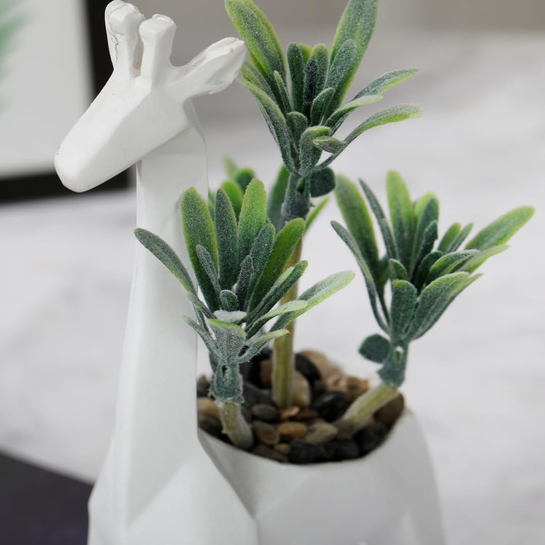 A beautiful minimalist geometric animal simulation potted plant sculpture. This is an ideal creative and unique decoration item, suitable for both home and office use. (White giraffe figurine)