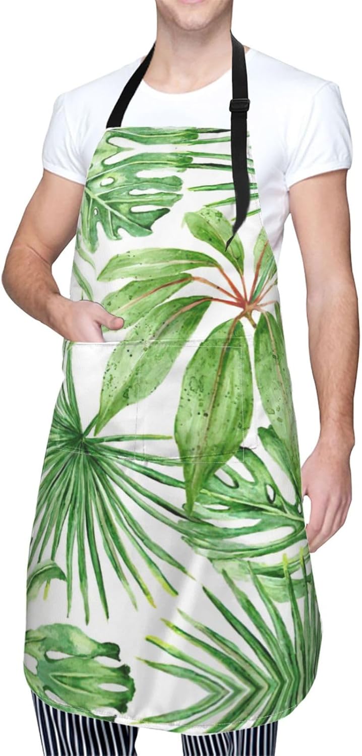 Tropical Palm Banana Leaves Print 28 x 33in Waterproof Apron with Pockets Fashionable Versatile Smock for Baking