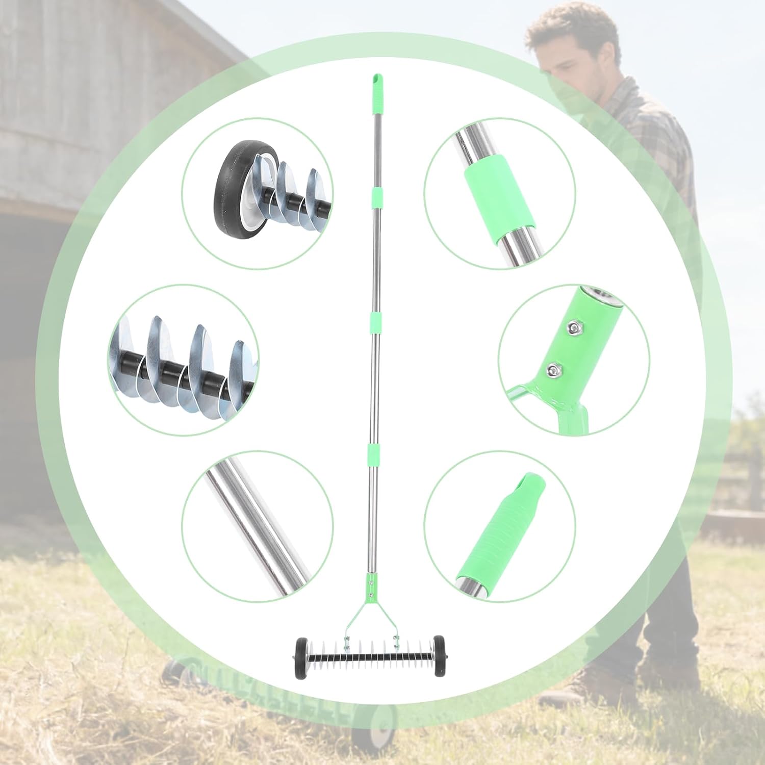 Adjustable Lawn Thatch Rake with Wheels - Comes with Protective Garden