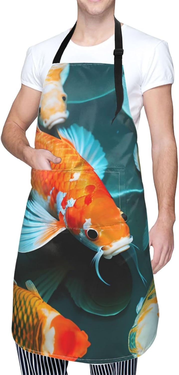 HD Japanese Koi Fish print Waterproof chef's apron with pocket apron for kitchen cooking baking barbecue and gardening