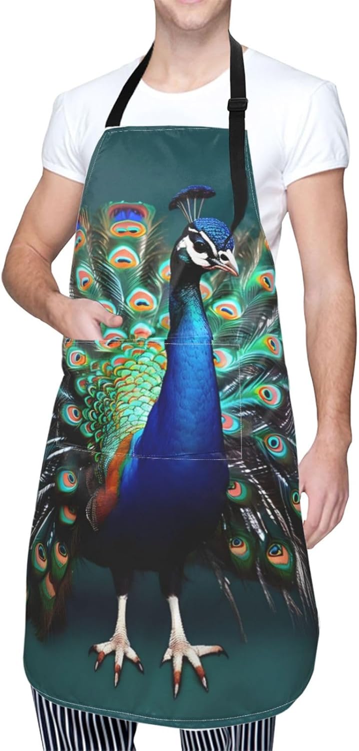 Beautiful peacock print Waterproof apron with pocket adjustable cooking apron for adult kitchen bibs to bake