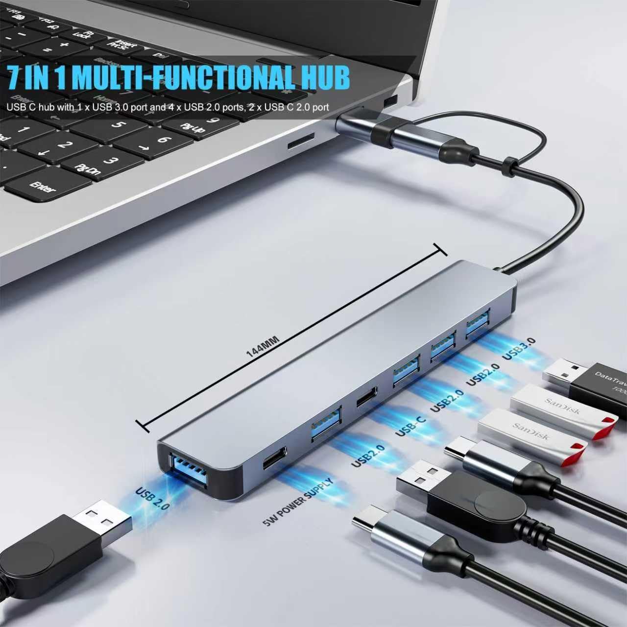 【Upgrade】 USB C/USB Hub, BERLAT Aluminum 7 in 1 USB C & USB Hub with U
