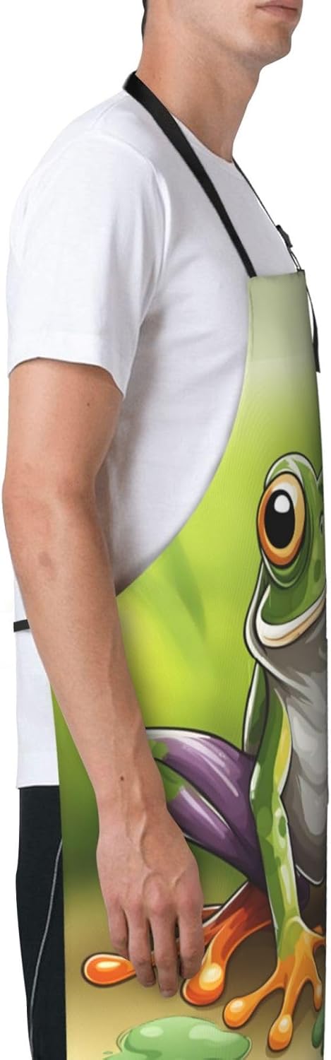 Cartoon frog print Waterproof chef's apron with pocket apron for kitchen cooking baking barbecue and gardening