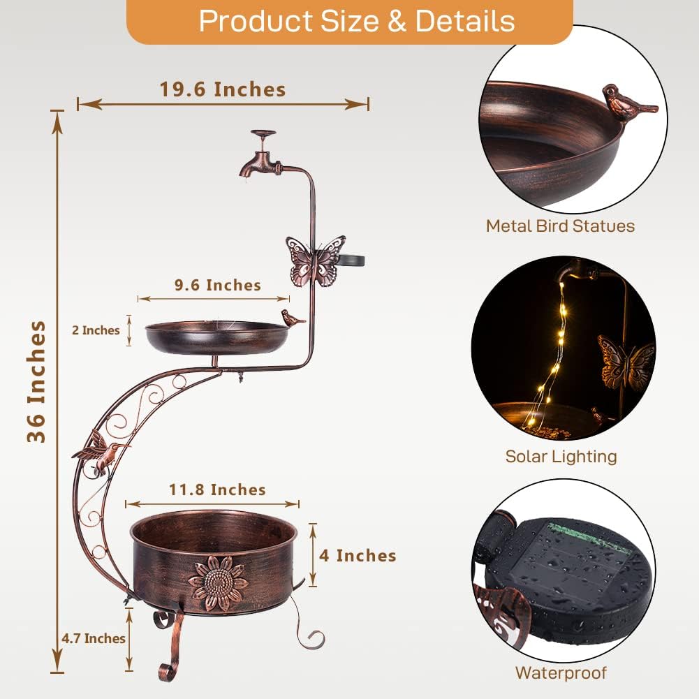 DREAMYSOUL Solar Bird Baths for Outdoors, Metal Birdbath with Flower Planter Pedestal, Antique Copper Bird Bath with Solar String Light for Garden, Yard, Patio Decor 36" Height