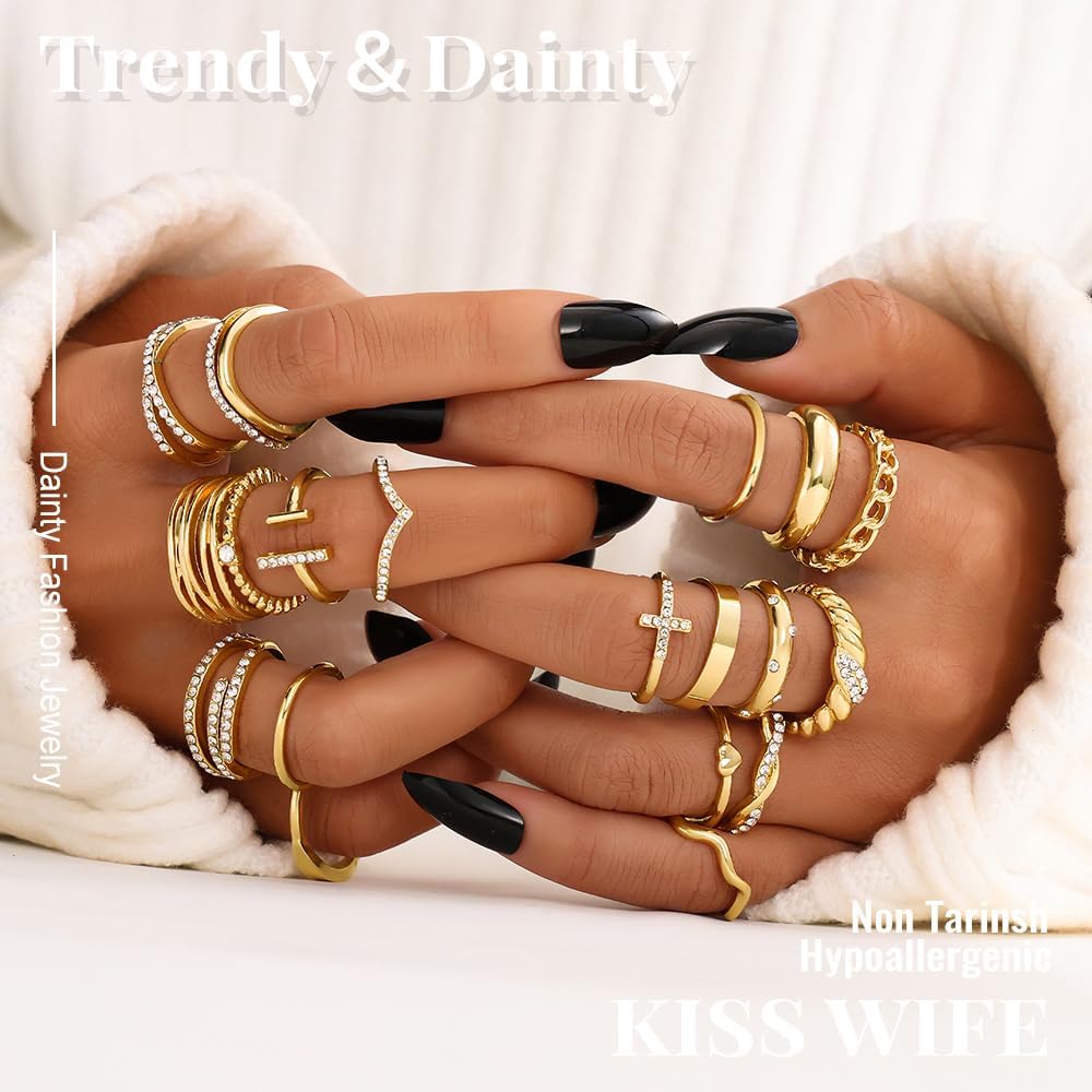 KISS WIFE Golden Silvery Black Kunckle Rings Set for Women, Dainty Sim