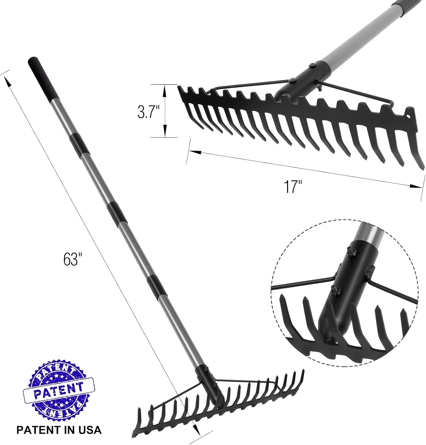 Walensee 5.4FT Bow Rake Heavy Duty Garden Rake with Stainless Steel Ha