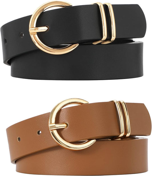 VONMELLI 2 Pack Women's Leather Belts for Jeans Dresses Fashion Gold B
