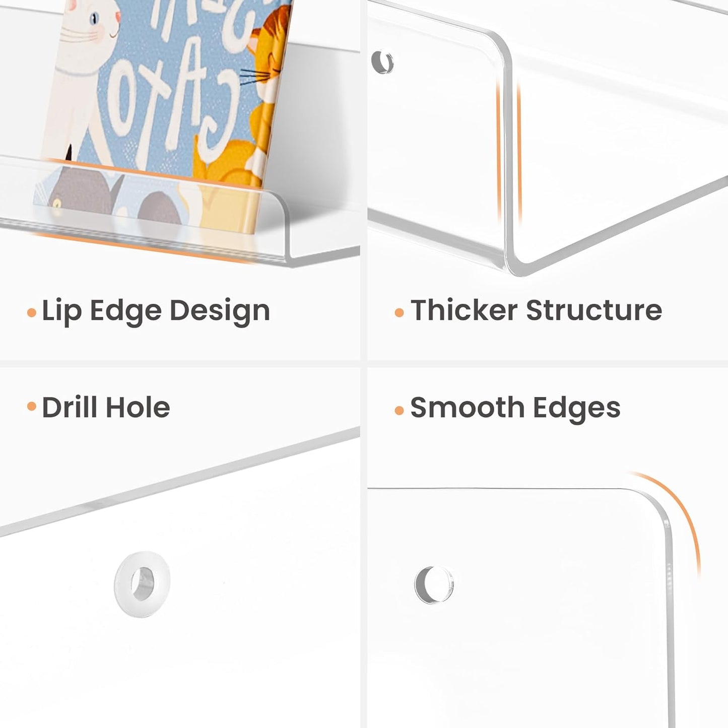 upsimples 6 Pack Acrylic Shelves for Wall Storage, 15" x 4“ Floating B