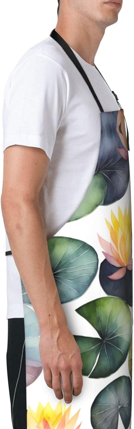 Black Lily Pads 1 print Waterproof chef's apron with pocket apron for kitchen cooking baking barbecue and gardening