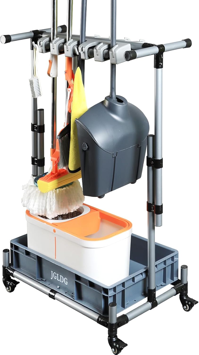 Freestanding Mobile Cleaning Tool Storage Rack, Mop and Broom Holder (
