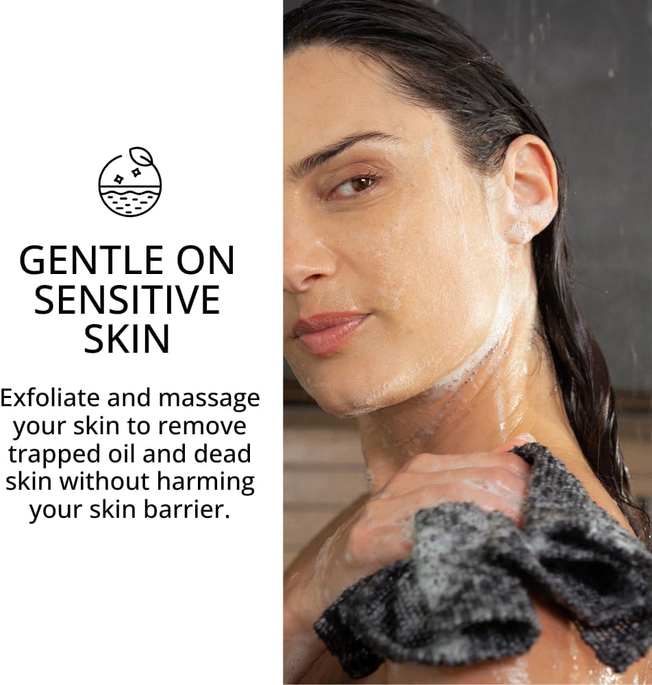 Exfoliating Washcloth Face & Body Scrub Towel - Japanese Exfoliating Towel with Hexagon Fibers, Body Scrubber with 2 Sides for Scrubbing & Washing, Extra Long Body Towels (Black)