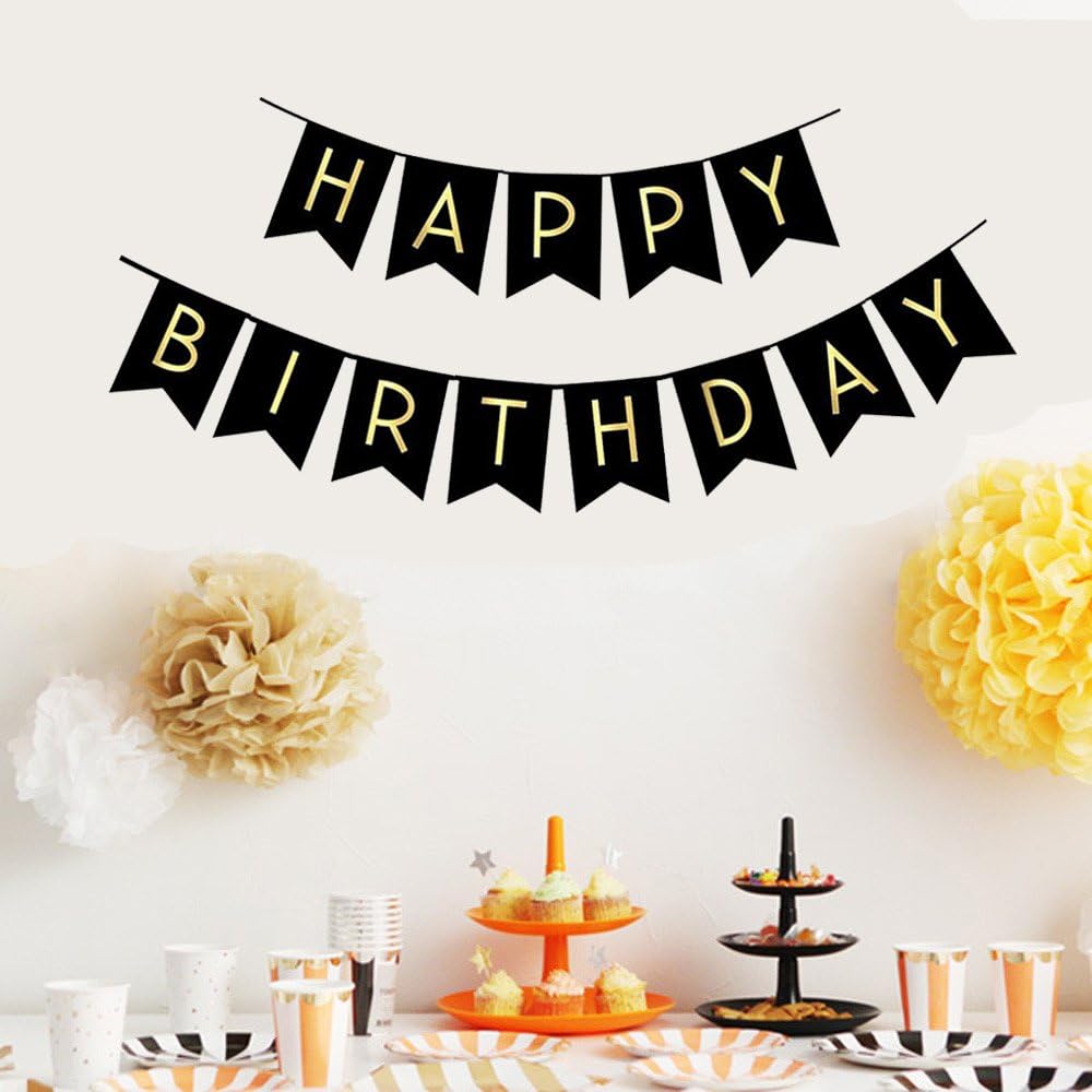 FECEDY Black Happy Birthday Bunting Banner with Shiny Gold Letters Party Supplies